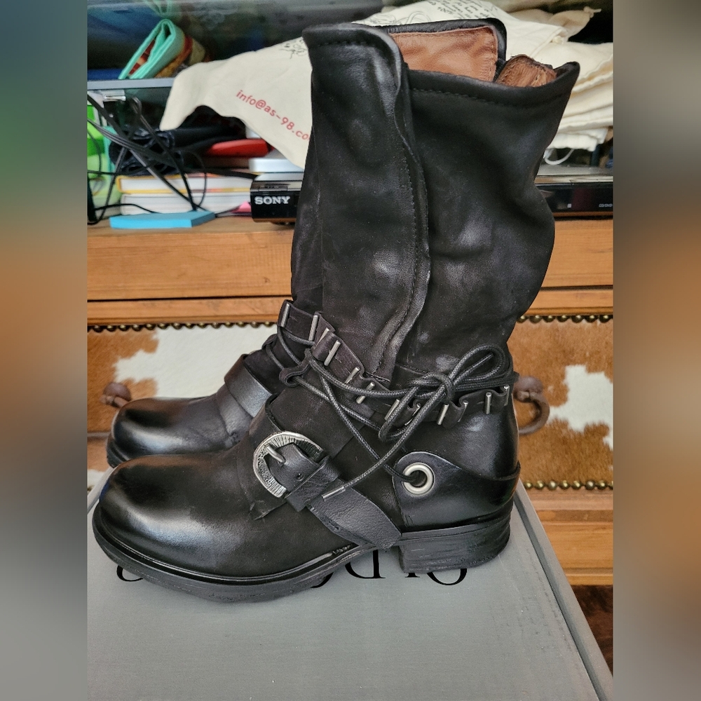 NIB A.S.98 SOTER Black Moto Combat Leather Biker Boots 7